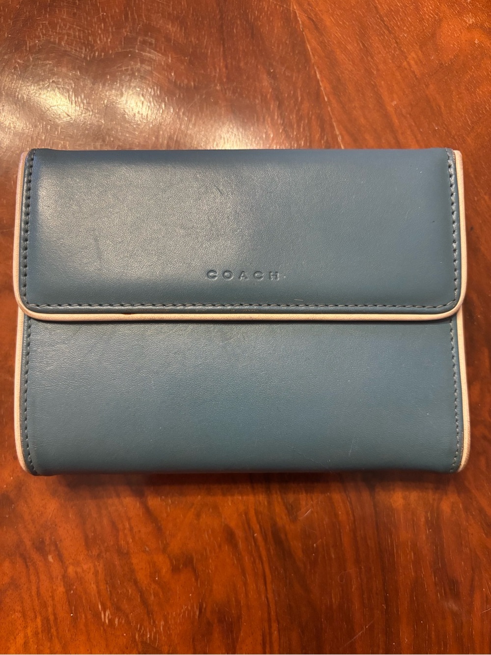 Coach Y2K Vintage Blue Leather Trifold Wallet with White Trim